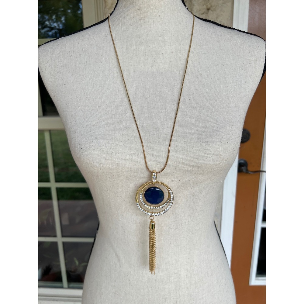 Gold Tone Long Snake Chain Necklace Blue Stone Rhinestone Circle Tassel Pendant
